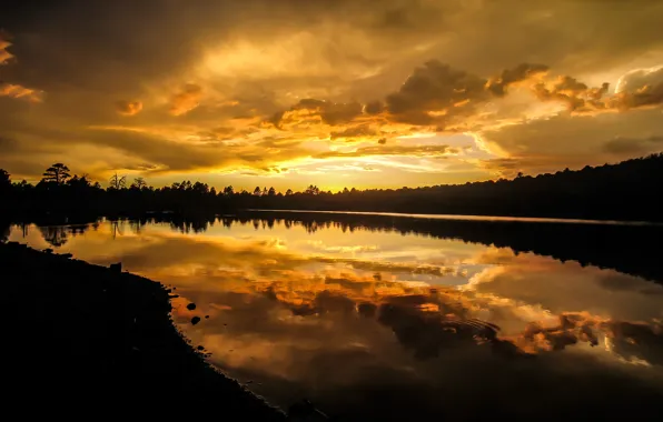 Landscape, sunset, lake, reflection