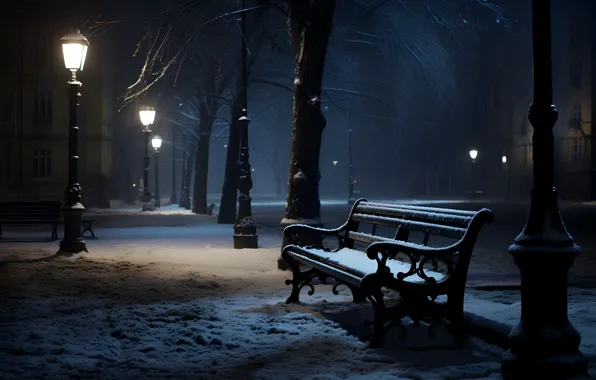 Winter, snow, trees, bench, night, lights, Park, street