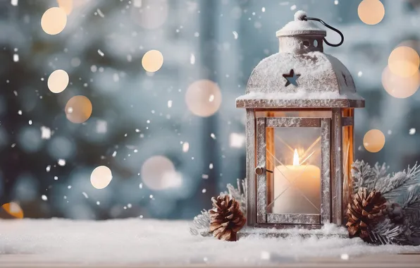 Winter, snow, night, Christmas, lantern, New year, Christmas, night
