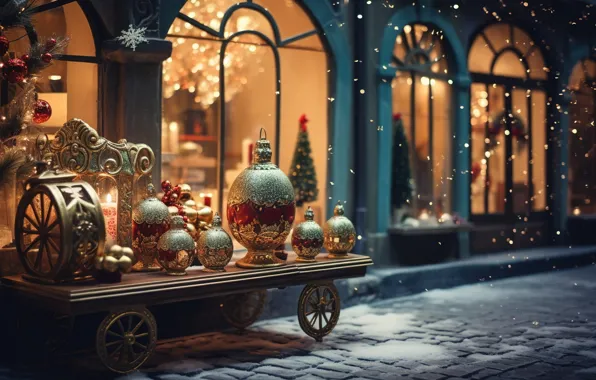 Winter, snow, decoration, night, the city, lights, balls, street
