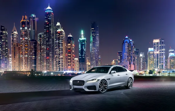 Picture white, the city, lights, Jaguar, skyscrapers, the evening, area, Jaguar