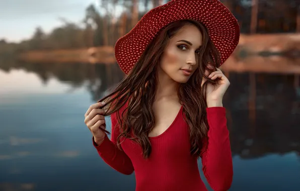 Picture look, water, girl, face, pose, hair, hat, hands