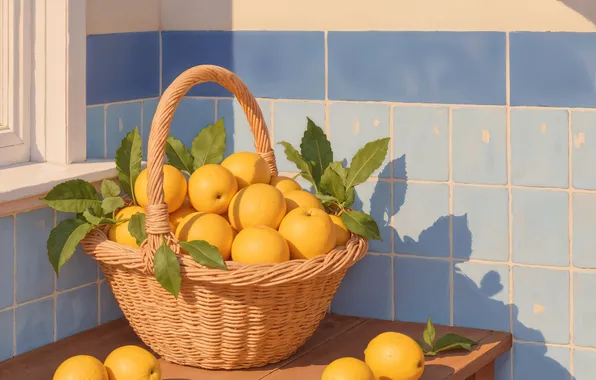 Leaves, light, table, wall, tile, apples, yellow, window
