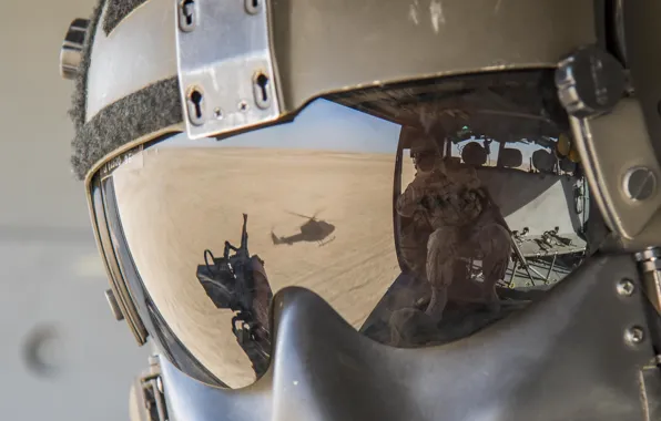 Glass, reflection, helicopter, helmet, helmet