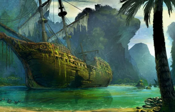 Picture algae, Palma, ship, Bay, abandoned, shipwreck, mysterious, mast