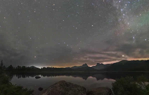 Night, galaxy, the reflection in the water, water surface, starry sky, Lake Svetloye, Kudashkina Ksenia