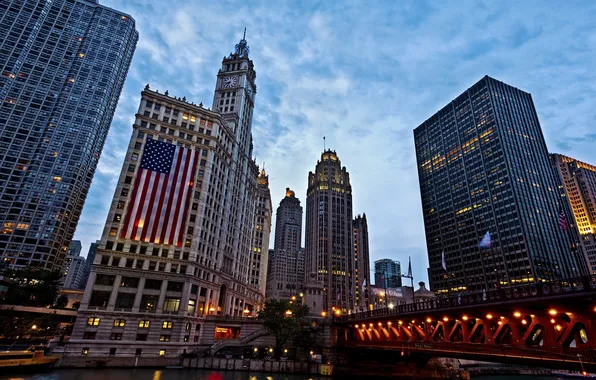 Picture the city, lights, river, skyscrapers, the evening, Chicago, Illinois