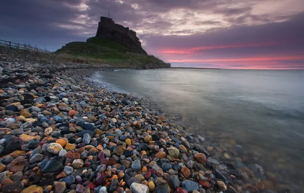 Picture sea, sunset, pebbles, surf, fortress