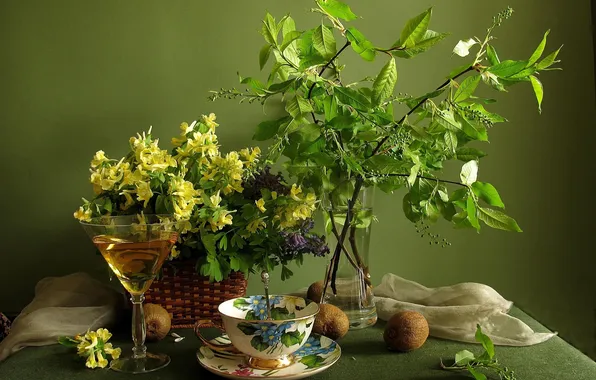 Flowers, table, background, branch, kiwi, basket, spoon, glass