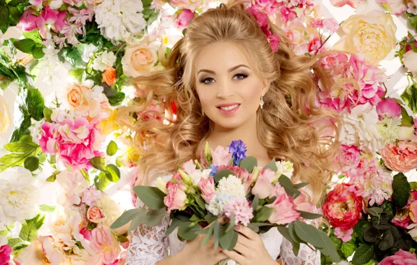 Flowers, smile, bouquet, makeup, dress, hairstyle, blonde, in white