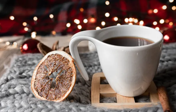 Balls, lights, comfort, tea, scarf, Cup, citrus, garland