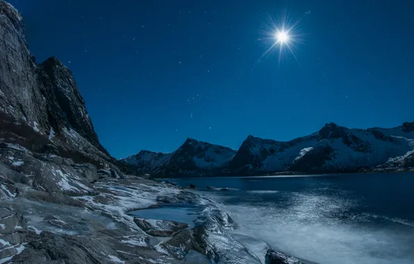Winter, mountains, lake, rocks, stars, moonlight, Evening