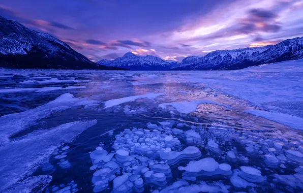 Picture ice, winter, the sky, clouds, snow, mountains, lake, shore