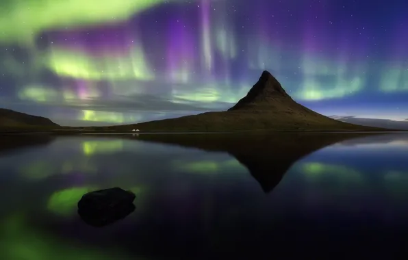 The sky, night, reflection, mountain, Northern lights, Iceland, the fjord