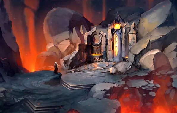 Fire, sword, fantasy, ruins, castle, digital art, artwork, warrior