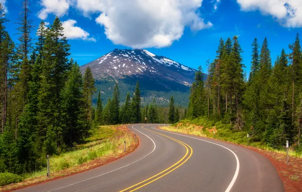 Road, trees, mountain, Oregon, Oregon, The cascade mountains, stratovolcano, Cascade Range