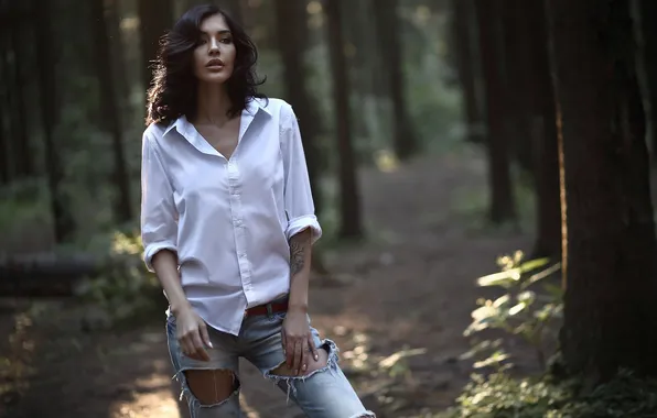 Forest, girl, pose, hands, brunette, tattoo, nature, ripped jeans