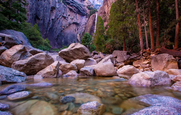 Picture water, trees, landscape, mountains, nature, stones, waterfall, USA