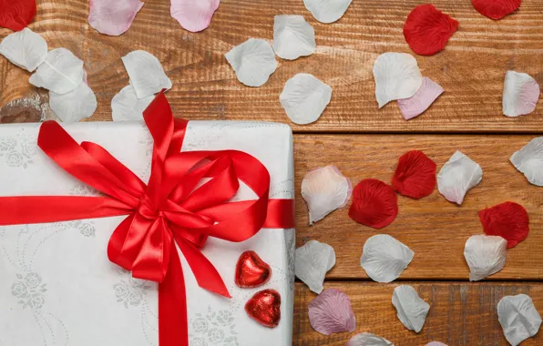 Flowers, holiday, box, gift, heart, Board, heart, petals