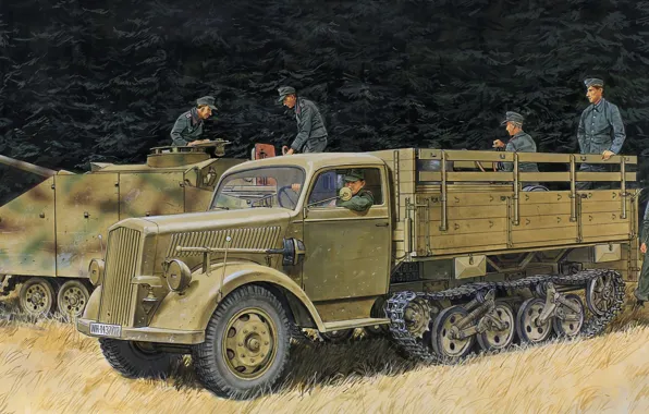 Figure, art, The Second World War, Maultier, Half Track, Sd.Car.3a, half-track truck