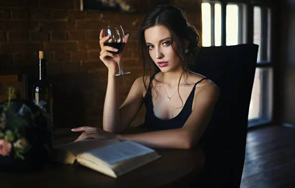 Picture look, girl, wine, glass, bottle, neckline, book, Sergey Fat