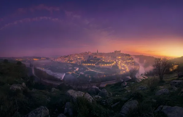 The sky, night, the city, lights, fog, stones, view, building