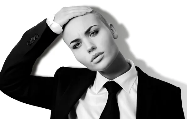 Bald, monochrome, model, piercing, suit, tie, bald, Vendela Lindblom