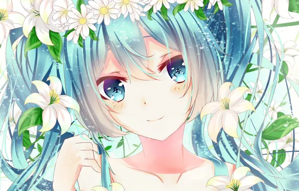 Girl, flowers, smile, chamomile, anime, art, vocaloid, hatsune miku