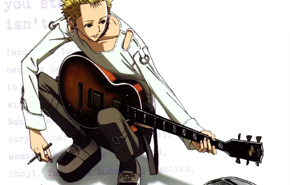 Guitar, piercing, white background, musician, squat, Nan, nana, Nobuo Terashima