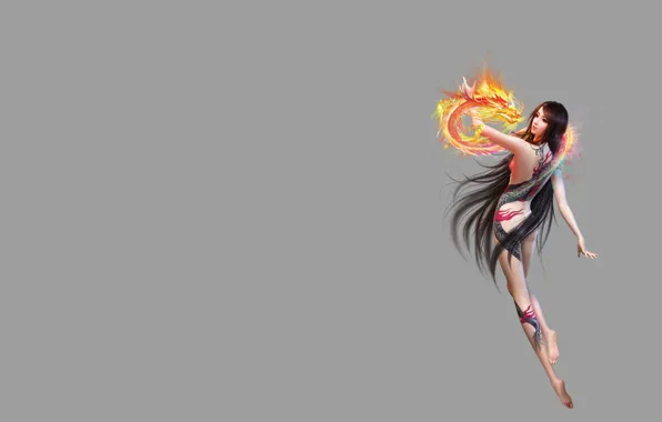 Picture girl, magic, dragon, the game, minimalism, anime, tattoo, fantasy