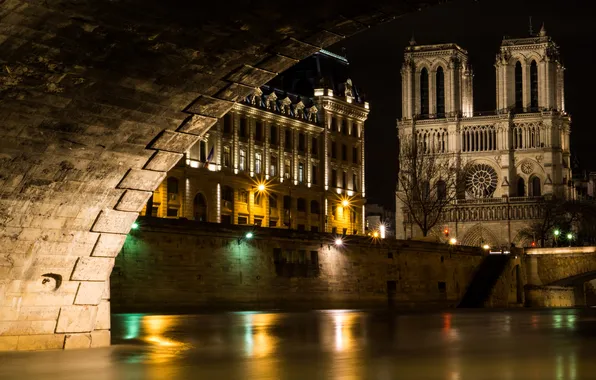 Night, lights, France, channel, arch, temple, Notre Dame Cathedral, Our Lady