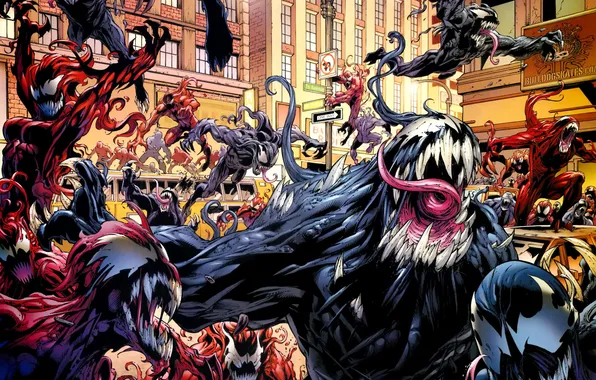 Picture spider-man, the crowd, Comic, chaos, symbiont