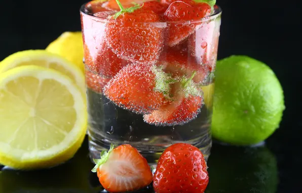 Picture glass, lemon, strawberry, lime, fruit