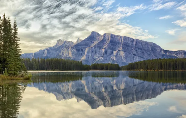 The sky, clouds, trees, mountains, lake