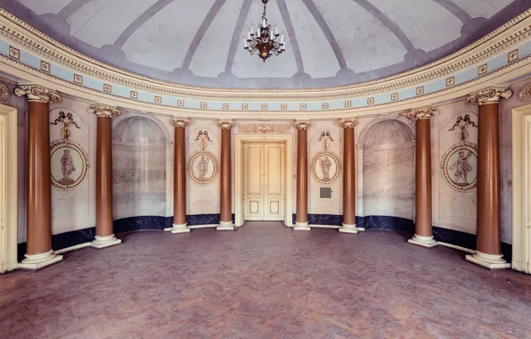 Palace, abandoned, hall, chandelier, salon, doors, decay, pilasters