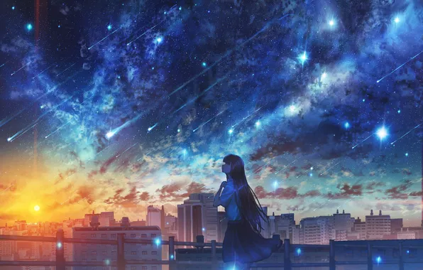 Girl, sunset, the city, Starfall