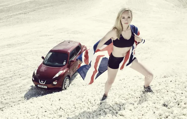 Picture auto, look, girl, Girls, flag, blonde, Nissan, Bonita Norris