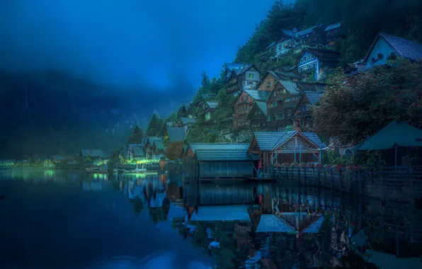 The sky, mountains, night, the city, fog, reflection, blue, shore