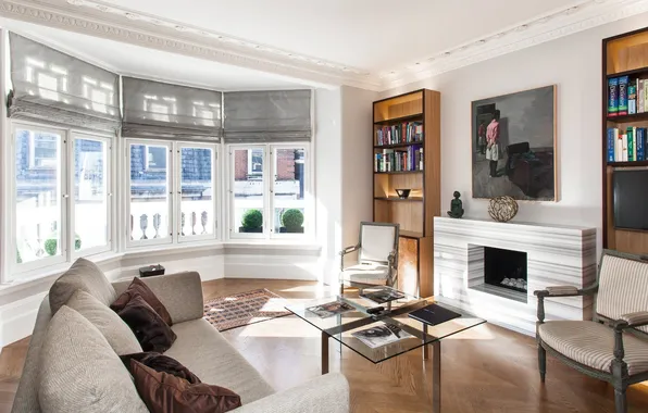 Design, style, room, interior, chairs, fireplace, sofa, Living room with bay window