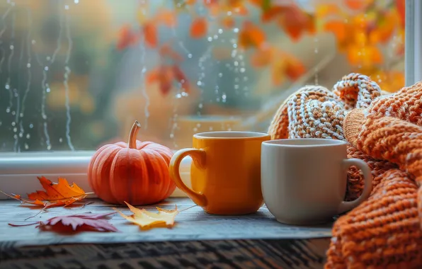 Autumn, glass, drops, foliage, orange, window, Cup, pumpkin