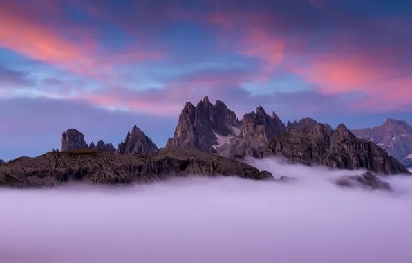 Clouds, mountains, fog, rocks, Italy, peaks, The Dolomites