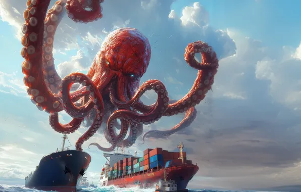 Sea, Jump, The tentacles, Attack, Ships, A container ship, Digital art, Sea monster