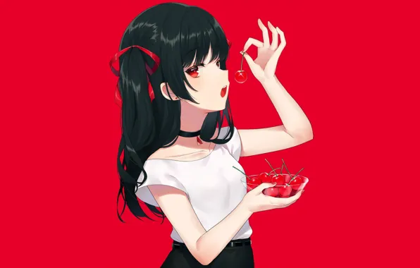 Picture girl, cherry, red background