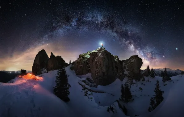 Picture winter, the sky, light, snow, mountains, night, rocks, people