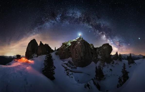 Winter, the sky, light, snow, mountains, night, rocks, people