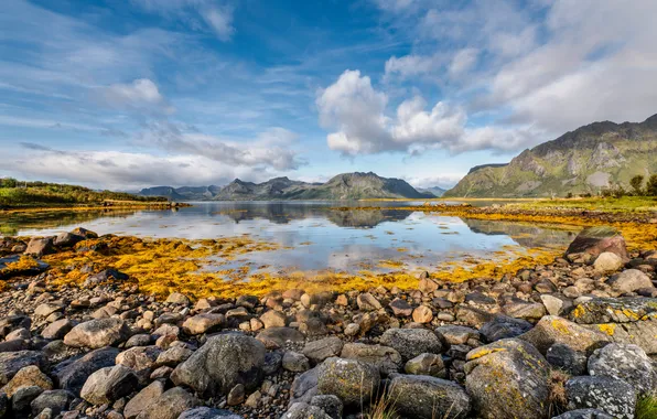 Nature, Clouds, Mountains, Stones, Norway, The Lofoten Islands, Kabelvåg Lake