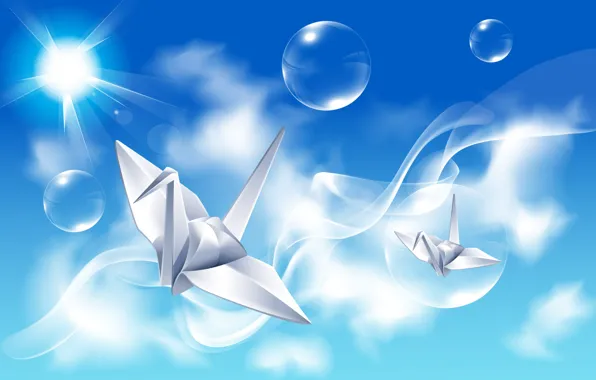 The sky, rays, birds, reflection, bubbles, creative, origami