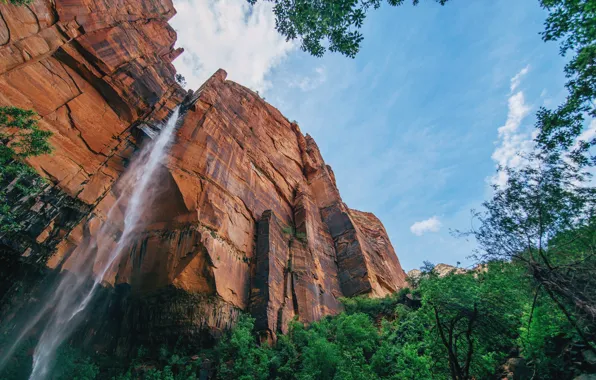 The sky, water, clouds, trees, mountains, nature, rock, stone