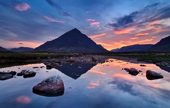 Picture the sky, clouds, sunset, mountains, reflection, river, stones, Scotland