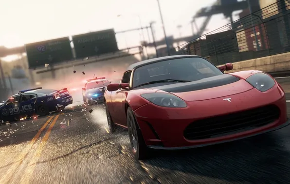 Picture the city, race, police, chase, need for speed most wanted 2, TESLA ROADSTER SPORT